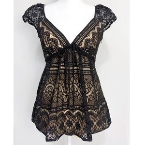 Milly Black Lace Nude lined Cap Sleeve babydoll V-neck Top 2